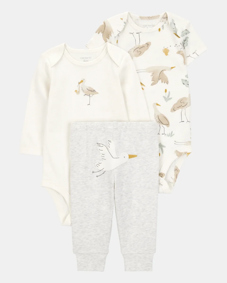 Conjunto de três peças em algodão com calças e dois bodies com estampado de pássaros - Image 2