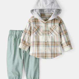 Conjunto de 2 peças: camisa xadrez com capuz e calças jogger
