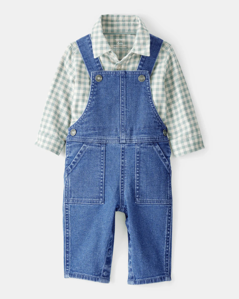 Conjunto de 2 peças de camisa xadrez e jardineiras de ganga - Image 2