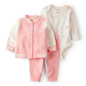 Conjunto de 3 peças: cárdigan universitário rosa, body e calças