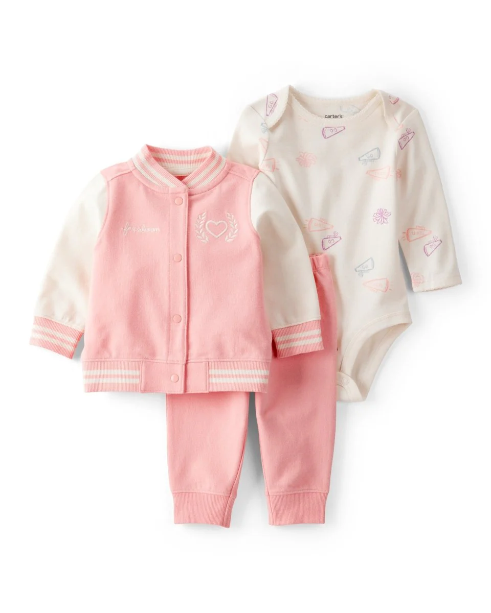 Conjunto de 3 peças: cárdigan universitário rosa, body e calças