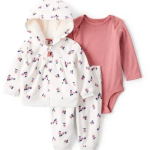 Conjunto de três peças com casaco floral marfim, body e calças