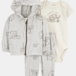 Conjunto de 3 peças de algodão, casaco com capuz, calças e body, estampado de elefante
