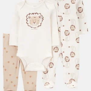 Conjunto de 3 peças de algodão, pijama com pés, calças e body, estampado de leão