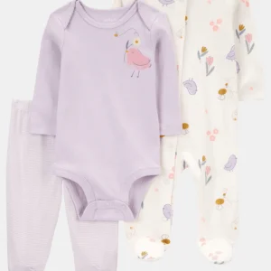 Conjunto de 3 peças de algodão, pijama com pés, calças e body, estampado de pássaro