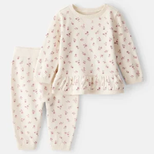 Conjunto de duas peças em algodão com cárdigan floral marfim e calças