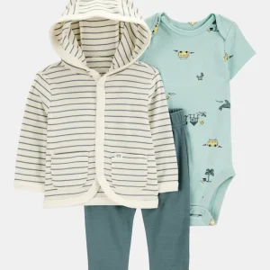 Conjunto de três peças com sweatshirt com capuz e calças listrada