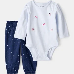 Conjunto de duas peças em algodão com body de manga comprida com estampado de frutas e calças azuis
