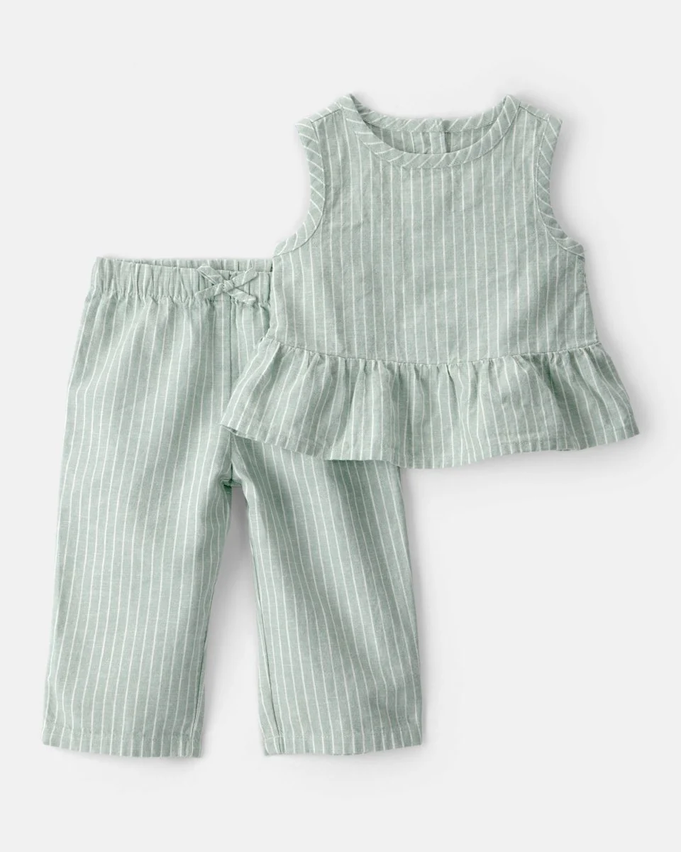 Conjunto de duas peças, blusa e calças de linho, design às riscas verdes - Image 2