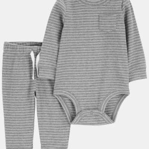 Conjunto de duas peças em algodão canelado, calças e body com estampado listrada