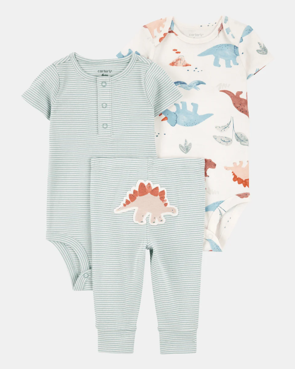 Conjunto de três peças em algodão com calças e dois bodies com estampado de dinossauros - Image 2