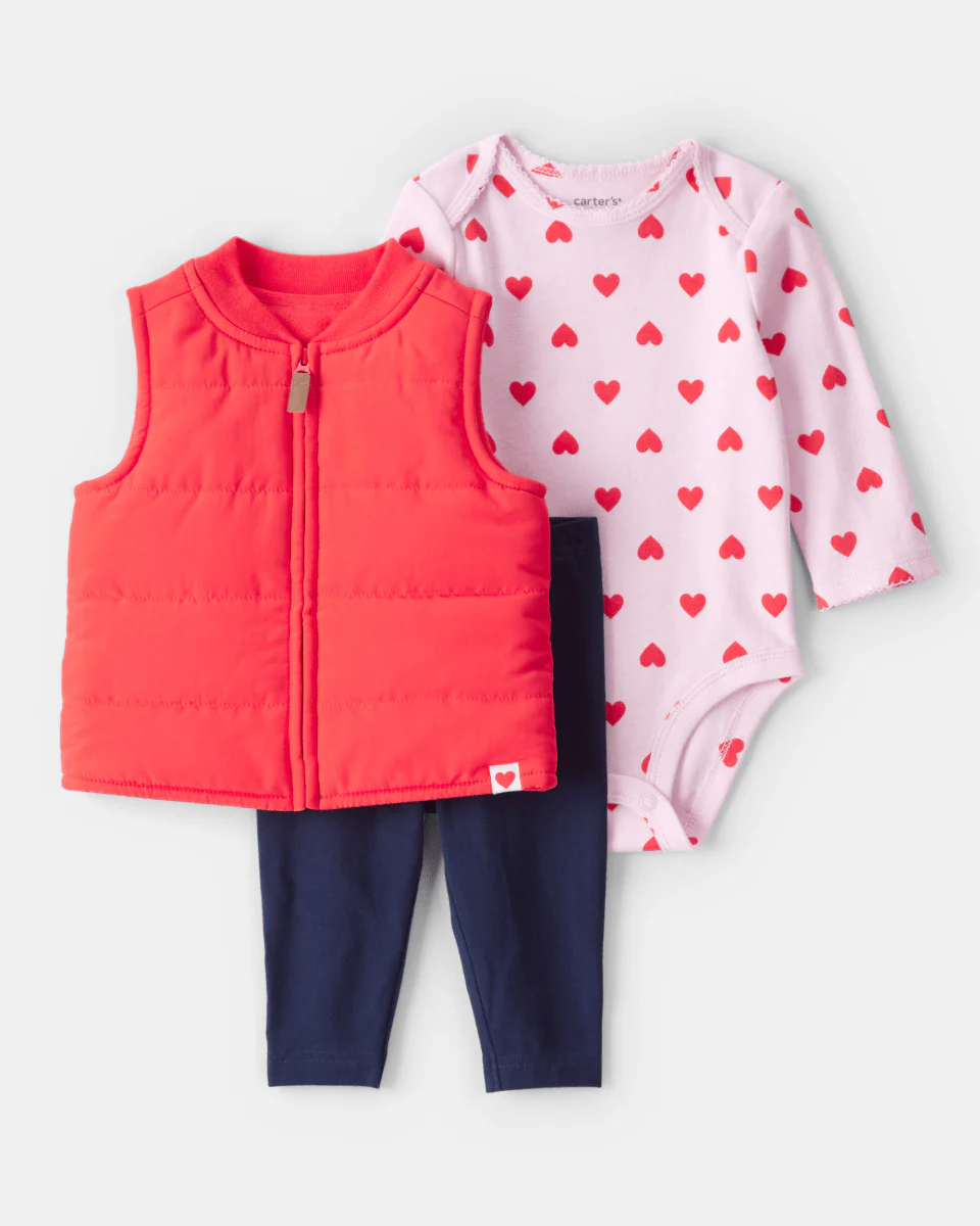Conjunto de três peças: colete almofadado, body e leggings vermelhas
