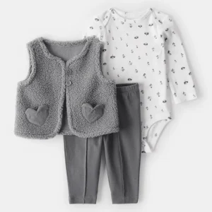 Conjunto de três peças: colete em borreguito, body e leggings cinzentos