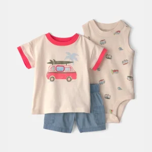 Conjunto de três peças de algodão com t-shirt gráfica, body e tapa-fraldas design caranguejo
