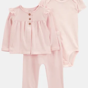 Conjunto de três peças de algodão, calças, cárdigan e body, rosa