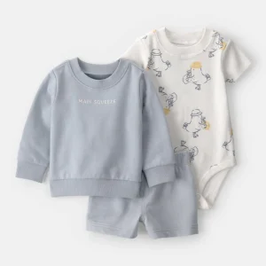 Conjunto de três peças de algodão com camisola, body e calções com estampado de limões