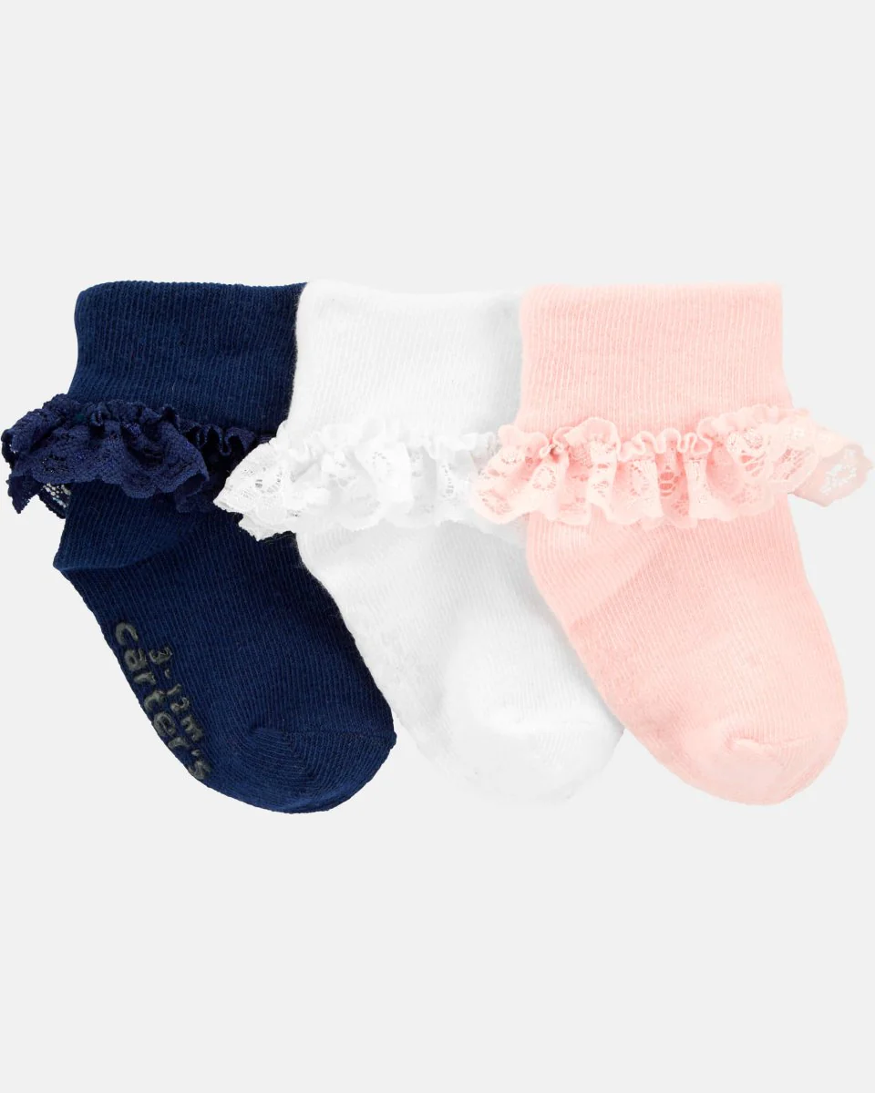 Pack de 3 meias com folhos em rosa, branco e azul marinho - Image 4