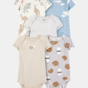 Pack cinco bodies de algodão, estampados de bolachas e nuvens