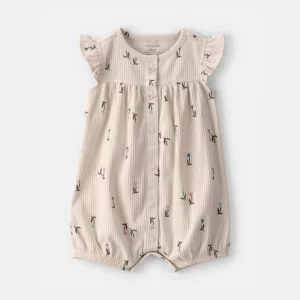 macacão curto em algodão canelado, design floral creme