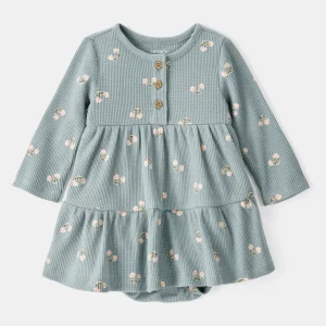 Vestido body canelado com estampado floral waffle e manga comprida