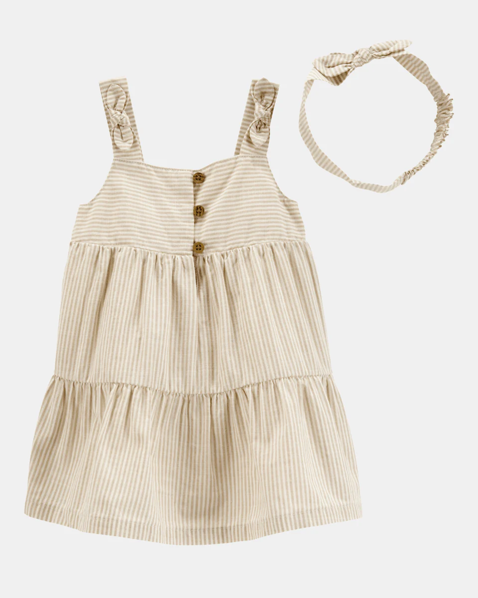 Vestido e faixa de cabeça de algodão, design às riscas - Image 2